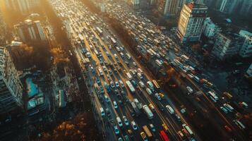 Aerial view of a bustling city highway filled with a variety of vehicles during rush hour. The late afternoon sunlight casts a warm glow on the traffic, highlighting the busy atmosphere. photo