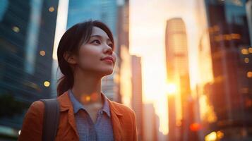 A young asian woman in an orange jacket stands among towering skyscrapers, looking up at a vibrant sunset. The warm glow of the sun casts a beautiful light as the city transitions into evening. photo