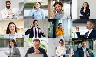 A group of professionals participates in different activities within a contemporary office environment. Some individuals are engaged in conversations over the phone, using laptops photo