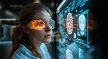 A scientist wearing augmented reality glasses reviews intricate brain scans in a modern lab illuminated by digital displays. photo