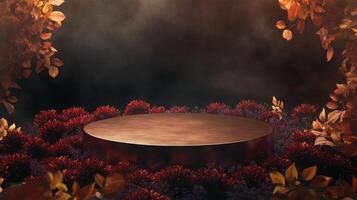 A circular stage is set amidst lush autumn foliage and colorful flowers, creating a serene atmosphere at dusk. The warm hues and gentle mist evoke a peaceful and inviting environment. photo