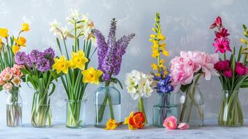 A collection of colorful spring flowers in clear glass vases, including daffodils, hyacinths, peonies, and more, arranged against a soft blue background. photo