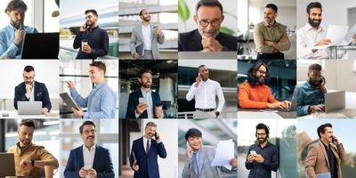 A diverse group of professionals is engaged in various work activities in modern office environments. Individuals are seen on calls, working on laptops photo