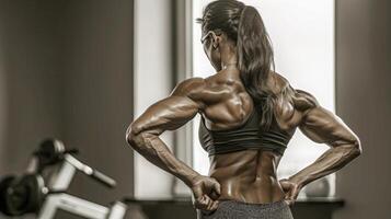 A female bodybuilder shows off her muscular physique while posing in a gym with a window in the background. photo