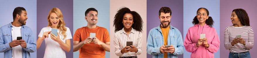 A cheerful group of diverse individuals share a lighthearted moment while using their smartphones, displaying excitement and engagement in a cozy, colorful backdrop. photo