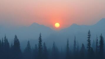 As the sun sets behind the mountain range, a soft orange hue blankets the sky while mist weaves through tall evergreen trees, creating a peaceful atmosphere at dusk in nature. photo