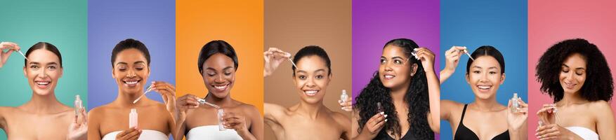 Seven diverse women are shown applying facial serum against colorful backgrounds. Each woman is smiling and looking at the camera. The image is bright and cheerful. photo