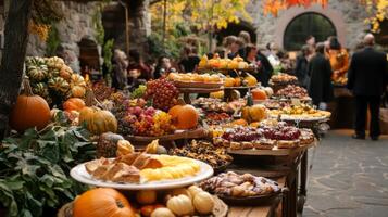 A festive autumn buffet features many different foods, including fruits, pumpkins, breads, and desserts. The buffet is set up in a rustic setting, with stone walls and foliage in the background photo