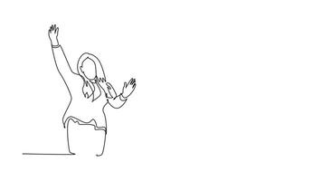 Animated self drawing of continuous line draw of young startup founders and business CEO raised their fist into the air to celebrate successful funding from investor. Full length single line animation video