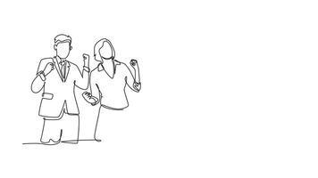 Animated self drawing of continuous line draw group of happy CEO and his colleagues celebrating their successful to achieving company business target. Team work goal. Full length single line animation video