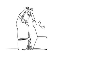 Self drawing animation of single line draw group of businessman and woman raising and fist hands together to celebrating success project. Business teamwork. Continuous line draw. Full length animated video