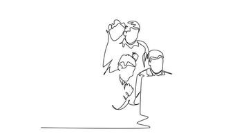 Self drawing animation of single line draw happy male CEO with his subordinates watching computer monitor and celebrating their success achieve business target. Continuous line. Full length animated video