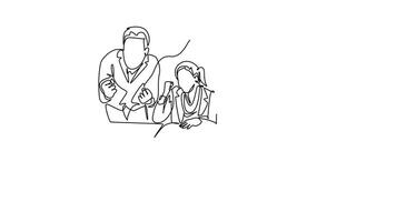 Animated self drawing of continuous line draw of happy businessman and woman sitting in front of laptop and celebrating their financial target success. Team work goal. Full length one line animation video