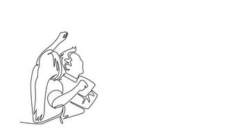 Self drawing animation of single line draw happy businessman and woman sitting and celebrating their successful sales product or big project. Team work goal. Continuous line draw. Full length animated video