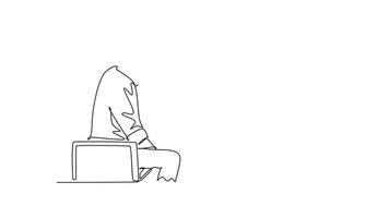 Self drawing animation of single line draw two young happy male worker bump their fist to celebrate their success at the office. Business teamwork concept. Continuous line draw. Full length animated video