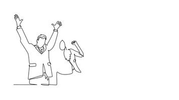 Animated self drawing of continuous line draw group of male and female manager celebrating their successful achieve business financial target. Team work goal concept. Full length single line animation video
