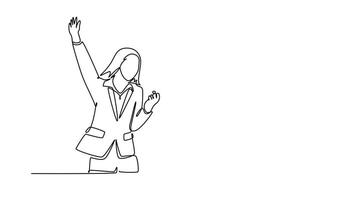 Animated self drawing of continuous line draw happy female and male workers prancing with joy at office together. Business teamwork celebration after deal big project. Full length one line animation video
