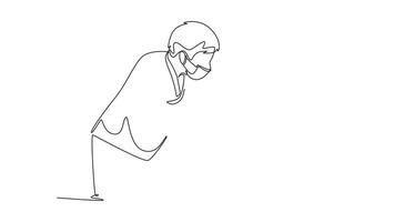 Animated self drawing of continuous line draw smart male dentist examining patient teeth condition and doing tooth filling. Medical health care service workers concept. Full length one line animation video