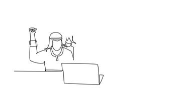 Self drawing animation of single line draw group of Arabian business people raise hands in front of computer monitor. Happy male female Moslem team worker. Continuous line draw. Full length animated video