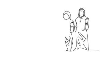 Self drawing animation of single line draw group of Arab middle east business people raising fist hand to celebrate company target achievement. Happy team. Continuous line draw. Full length animated video