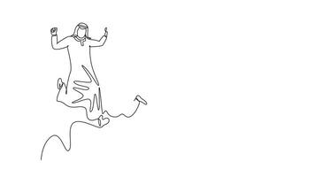 Animated self drawing of continuous line draw Moslem business people jump together to celebrate increasing company sales target or growth. Group of happy Arab worker. Full length single line animation video