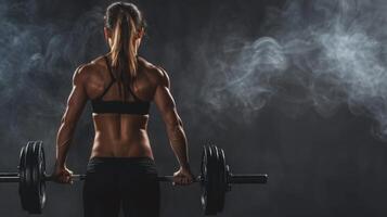A muscular woman in black workout attire lifts a barbell while standing in a dimly lit gym setting with smoke billowing around her. photo