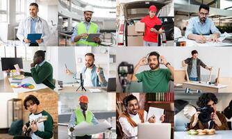 The image shows a diverse group of men working on various tasks in different modern indoor settings. photo