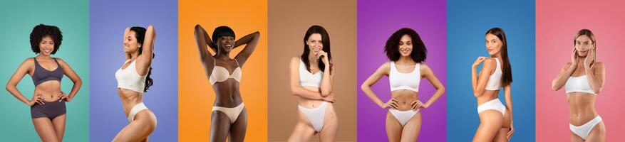 Seven multiethnic women of different appearances are posing in white underwear against brightly colored backgrounds in a studio setting. The women are all smiling and looking confident. photo