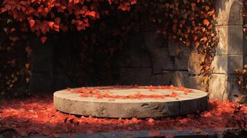 A circular stone platform is covered with colorful autumn leaves, set against a backdrop of weathered stone walls and climbing vines in a peaceful garden photo