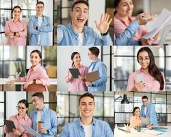 Two young professionals collaborate in a contemporary office setting, exchanging ideas and working on tasks together. The atmosphere is bright and lively, reflecting a positive work environment. photo