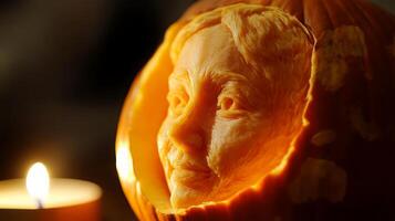 A detailed pumpkin has been carved to depict a woman's face, showcasing intricate features. A candle beside the pumpkin casts a warm glow, enhancing the autumn ambiance during a festive gathering. photo