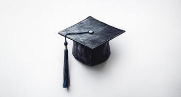 A black graduation cap with a tassel rests on a neutral background, representing the completion of academic studies and new beginnings. photo