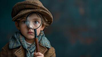 A young boy dressed as a detective holds a magnifying glass to his eye, with a serious expression on his face. photo