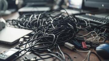 A close-up photo of a messy desk with tangled computer cables, a laptop, and other electronics. The wires are all black and are lying on a wooden surface.
