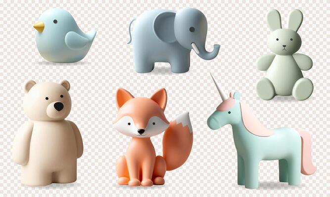 3d rendering set with cute animals. 3d kids toys. Bear, bunny, unicorn, fox, elephant, bird in pastel colors