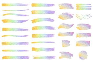 Rainbow gradient paint strokes. Set of brush strokes with multi colored glitter. Colorful rainbow backgrounds vector