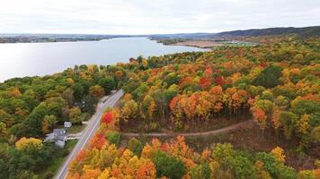 Aerial view of a riverside road in autumn, fields and forest in 4k video