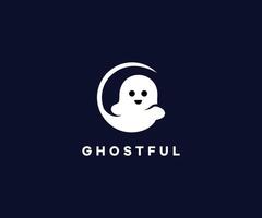 A playful ghost logo with a smiling face and crescent moon. vector
