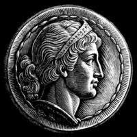 Engraved Ancient Coin Featuring Profile Portrait of Mythological Figure vector