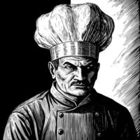 Monochrome Illustration of a Serious Chef with Chef Hat and Uniform in Vintage Woodcut Style vector