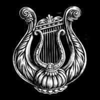 Ornate Vintage Lyre Illustration Intricate Black and White Etching of Classical String Instrument vector