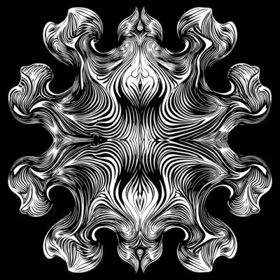 Intricate Black and White Abstract Design with Flowing Patterns and Symmetrical Shapes