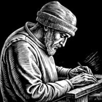 Monochrome Illustration of a Bearded Man Writing with Deep Concentration vector