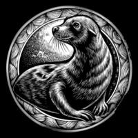 Intricate Black and White Engraved Seal Artwork with Circular Pattern Background vector