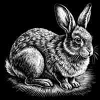 Intricate Black and White Engraving of a Rabbit with Detailed Fur Against Black Background vector