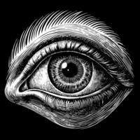 A close up of a black and white drawing of an eye vector