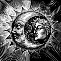 A drawing of a man and woman with the sun in the background vector