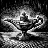 Engraved Magic Lamp Illustration with Mystical Cloud Background in Black and White vector