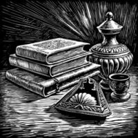 A bookcase with a book on top of it and a vase on the bottom vector