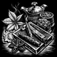 A black and white drawing of a table with a teapot, a book, and some spices vector